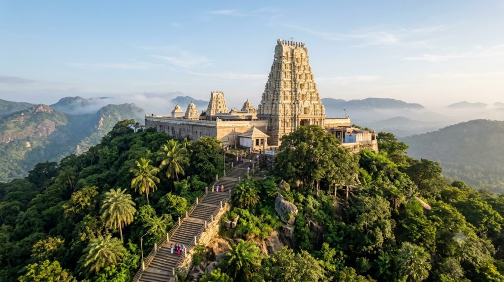 Tiruttani Murugan Temple marriage venue on the hill with gopuram and stone steps