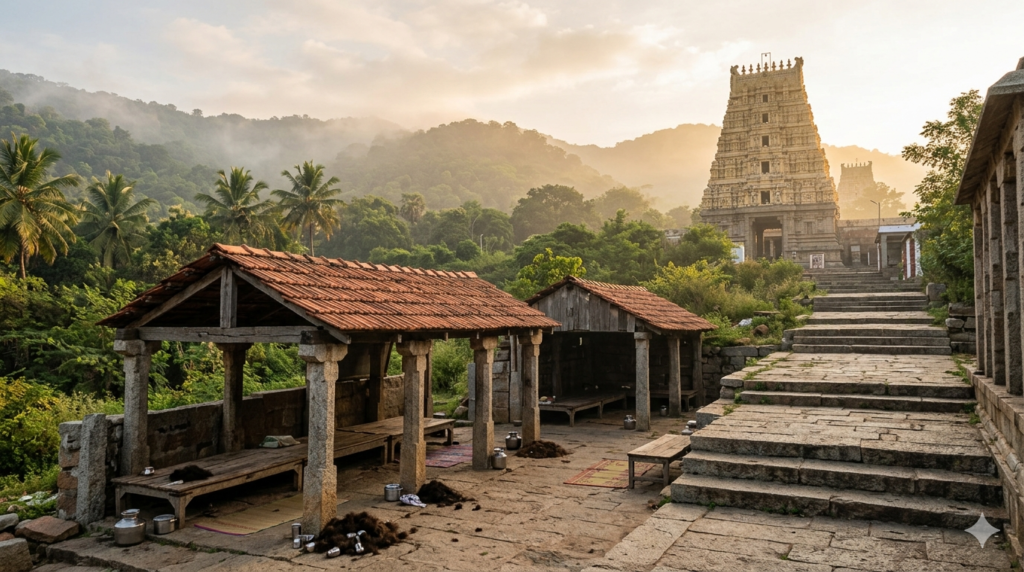Tiruttani temple tonsure sheds on Thanigai hill near the Murugan shrine entrance