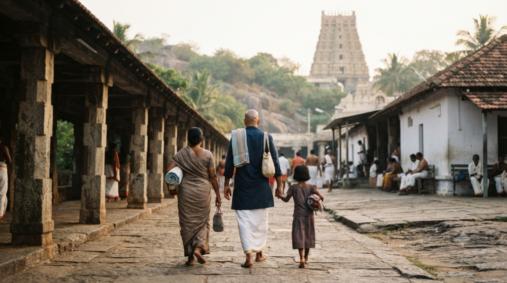 Tiruttani temple tonsure planning scene near a temple hair-offering facility