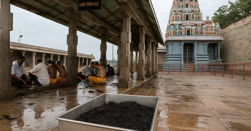 Devotees performing head tonsure at Tiruttani Murugan Temple tonsure hall