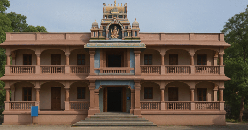 Front view of Pushpagiri Mutt building in Tirumala surrounded by trees