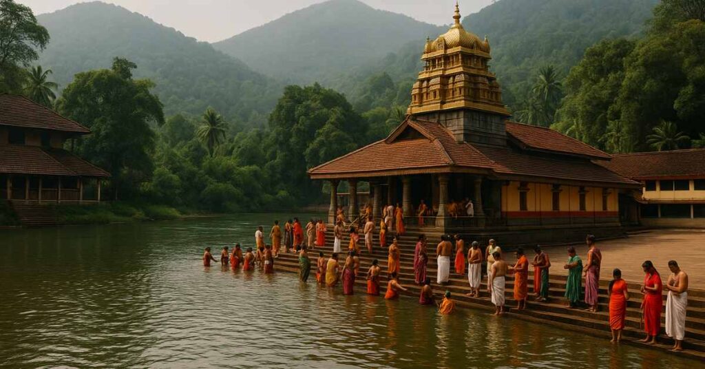 Kukke Subramanya Temple beside the Kumaradhara River with devotees performing rituals