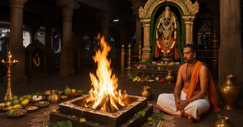 Priest performing Kuja Dosha Pooja homam at Kukke Subramanya Temple with sacred fire and deity in background.