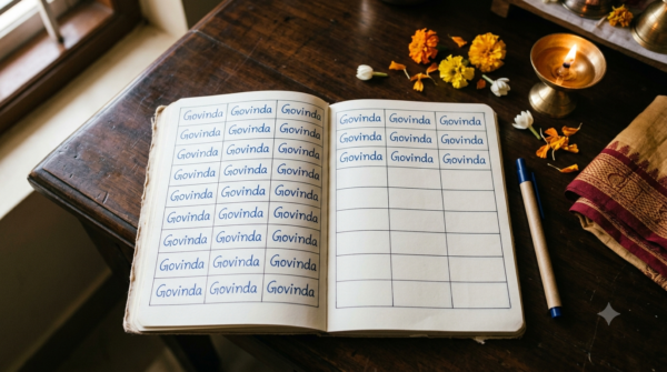 Govinda Koti VIP Darshan TTD book with handwritten Govinda names beside a brass lamp