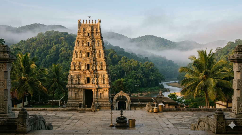 Kukke Subramanya Kuja Dosha pooja temple gopuram in the Western Ghats, Karnataka