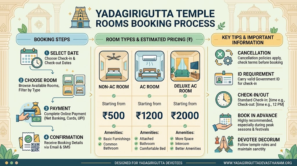 Yadagirigutta temple rooms booking infographic guide