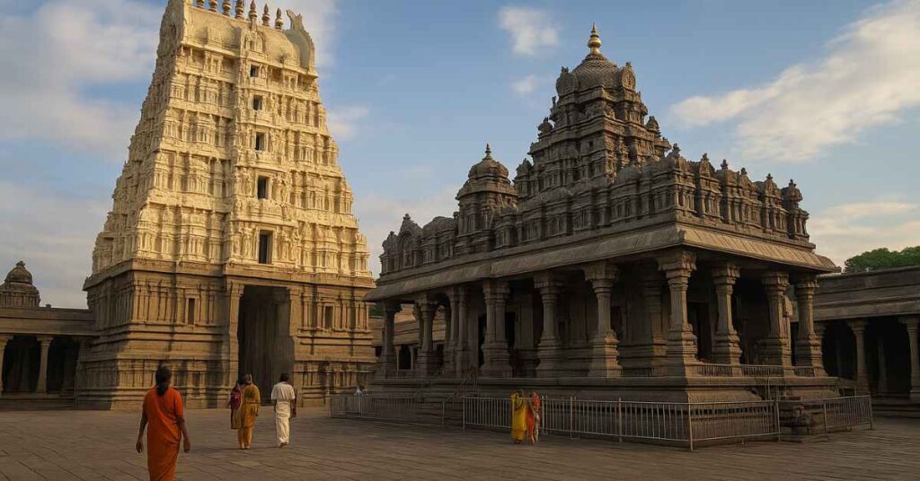 Kanchi Kamakshi Temple gopuram and mandapam during evening with devotees in the courtyard
