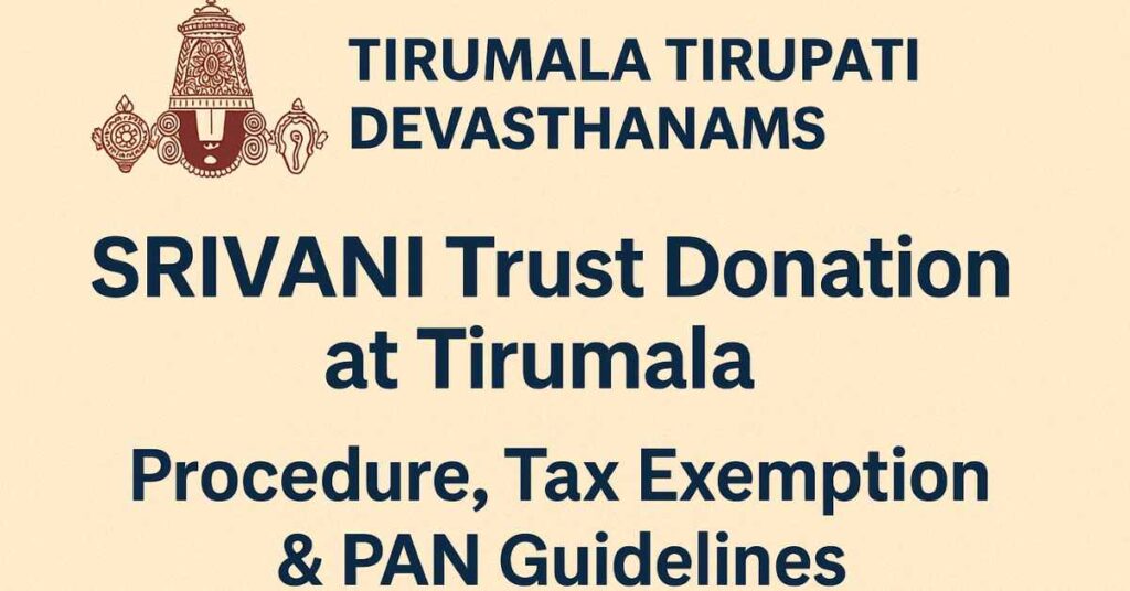 "SRIVANI Trust donation procedure and tax exemption guidelines at Tirumala displayed with TTD emblem"