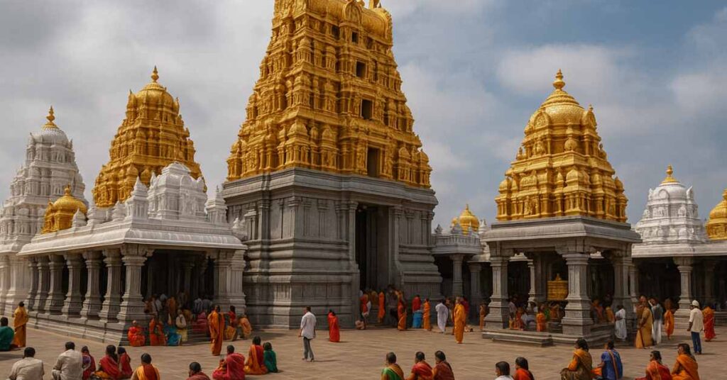 Yadagirigutta Temple with golden gopuram and devotees in the courtyard during darshan