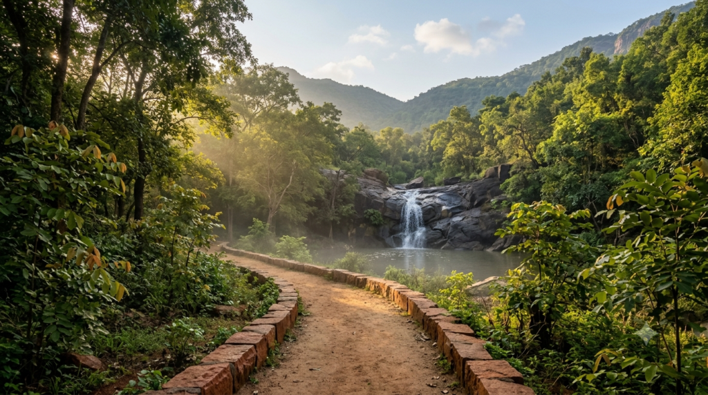 Divyaramam Park Tirupati walking trail with Tirumala hills in the background