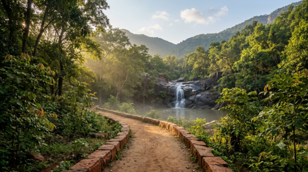 Divyaramam Park Tirupati walking trail with Tirumala hills in the background