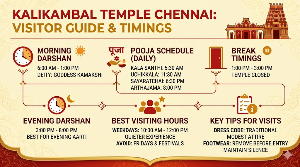 Kalikambal Temple Chennai timings and pooja schedule infographic
