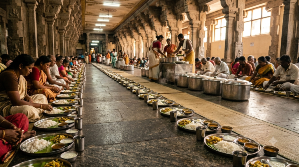 Madurai Meenakshi Annadhanam timings free meal hall serving rice and sambar to devotees