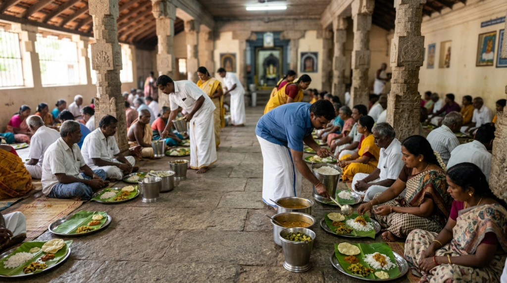 Madurai Meenakshi annadhanam timings guide with temple meal service illustration