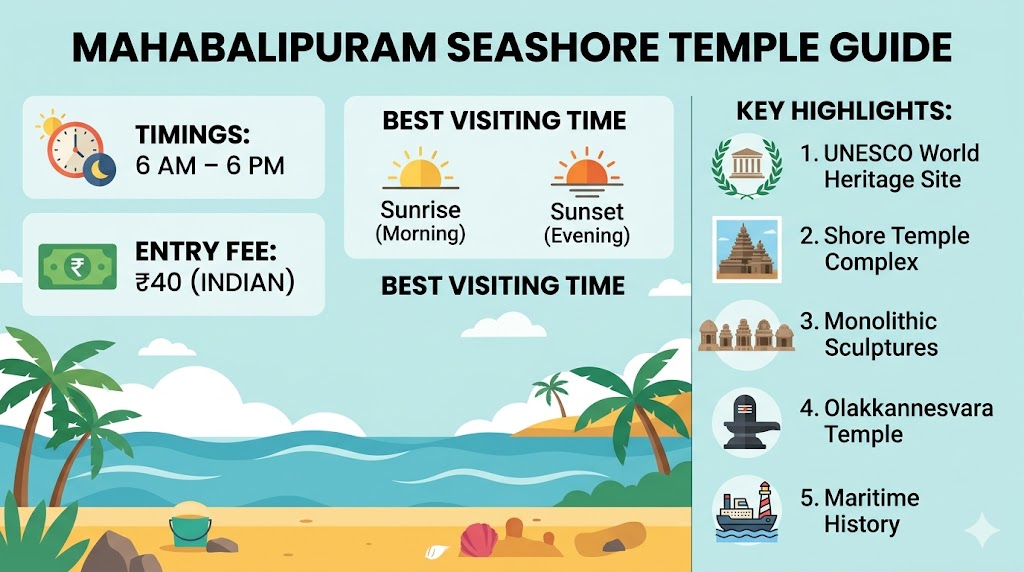 Mahabalipuram Seashore Temple timings infographic
