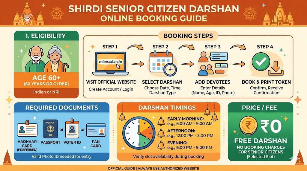 Shirdi Senior Citizen Darshan online booking process infographic