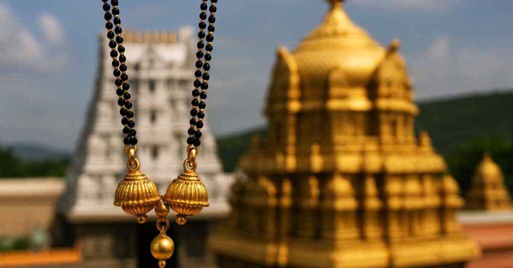 Traditional TTD Mangalsutra photographed with Tirumala Venkateswara Temple in the background