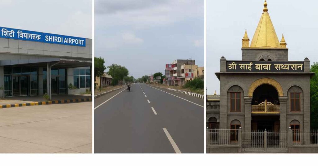 Shirdi Airport to Shirdi Temple route showing airport building, main road, and Sai Baba Temple entrance.