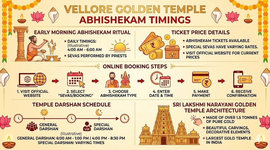 Vellore Golden Temple Abhishekam timings and booking infographic