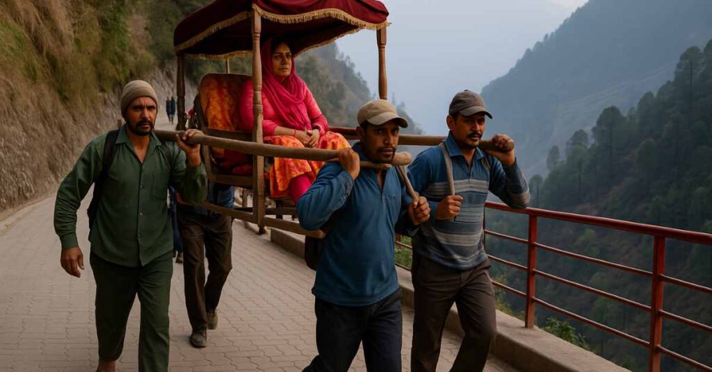 Palki service being carried by porters on the Vaishno Devi Yatra route with mountainous backdrop.