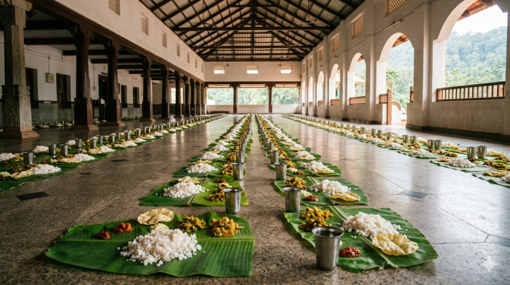 Kukke Subramanya annadanam dining hall with devotees seated in rows for the free temple meal