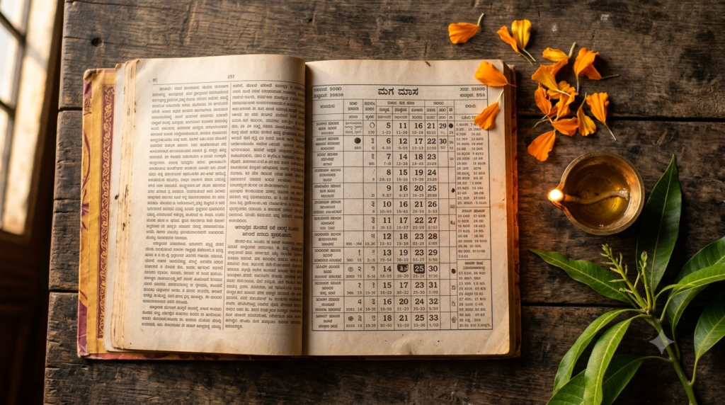 Ontikoppal Panchangam 2026 open printed Kannada almanac on wood with marigolds