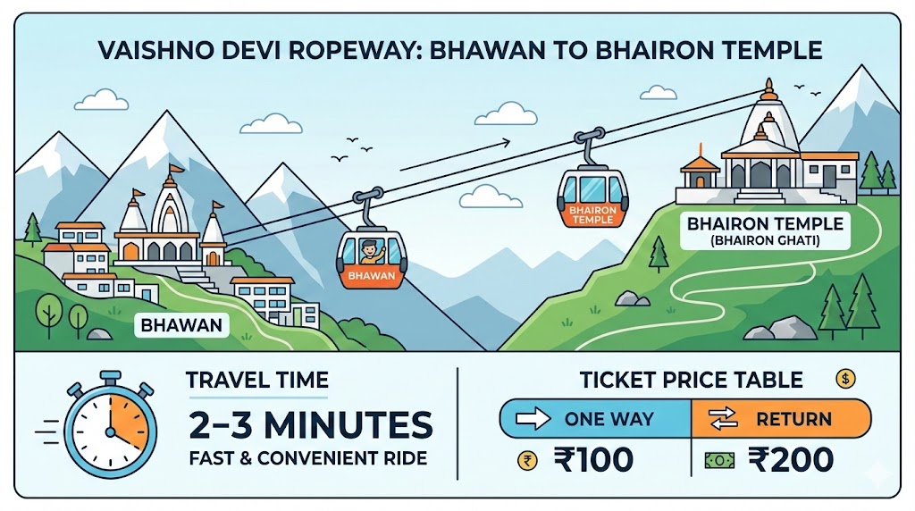 Vaishno Devi Ropeway ticket price route Bhawan to Bhairon Temple infographic