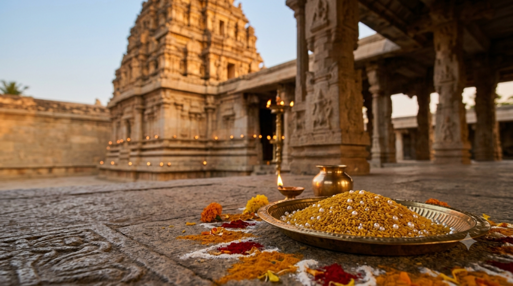 Vontimitta Kalyanam Talambralu pearl rice in brass plate at Sri Kodandarama Swamy Temple