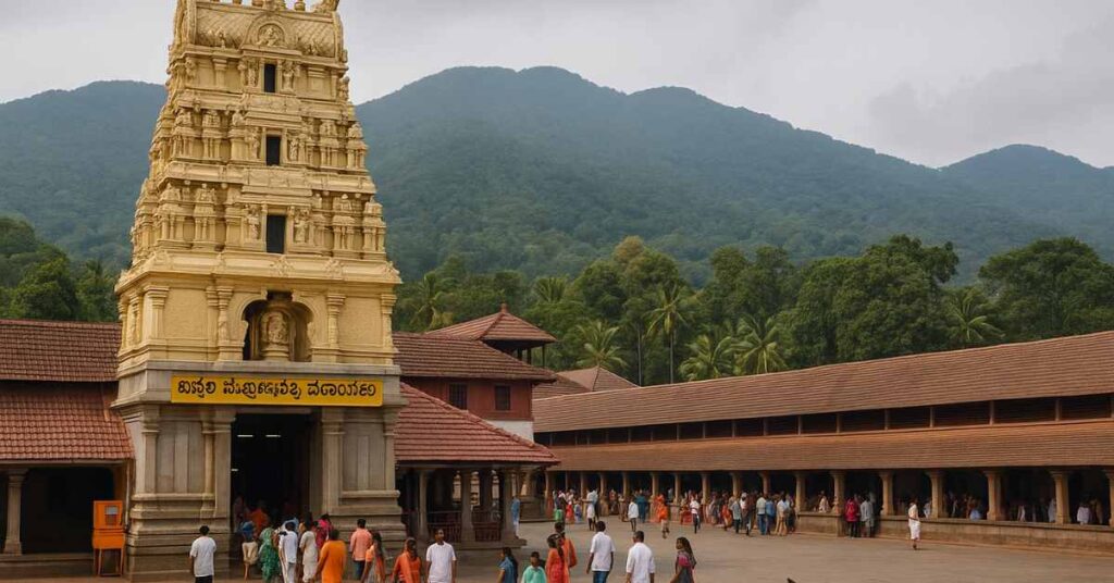 Kukke Subramanya Temple with devotees walking in front and Western Ghats in the background
