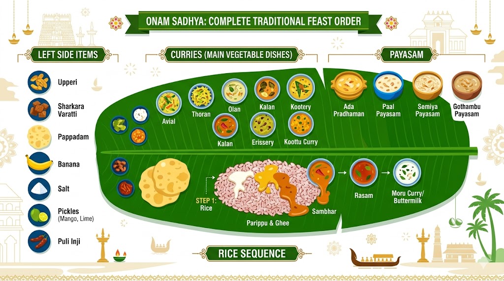 Onam Sadhya dishes list with traditional serving order on banana leaf