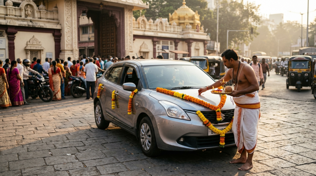 Siddhivinayak vehicle pooja being performed on a garlanded car at the Prabhadevi temple counter