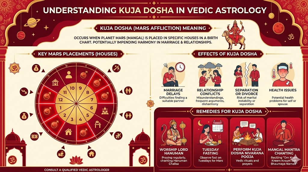 Kuja Dosha meaning houses effects remedies infographic
