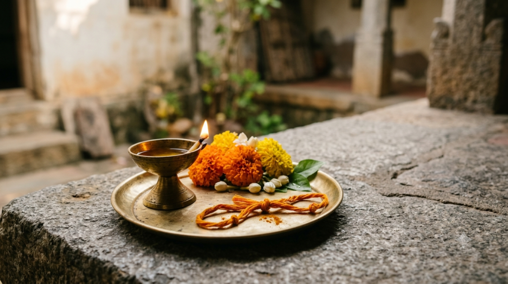 Anjaneyar temple raksha rules illustrated by a sacred thread with flowers and an oil lamp