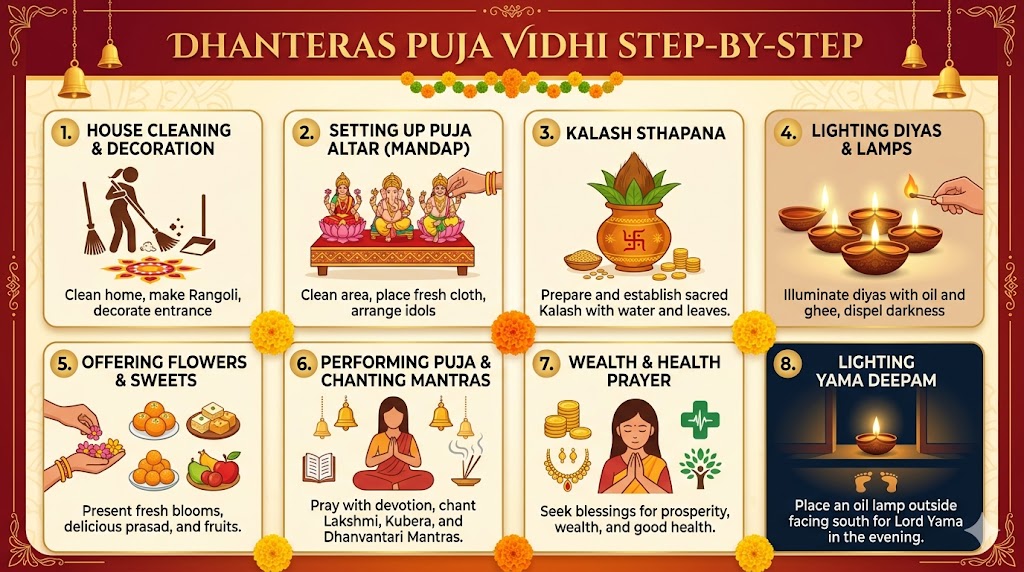 Dhanteras Puja Vidhi step by step ritual infographic