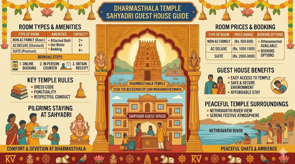 Dharmasthala guest house booking Sahyadri rooms price guide