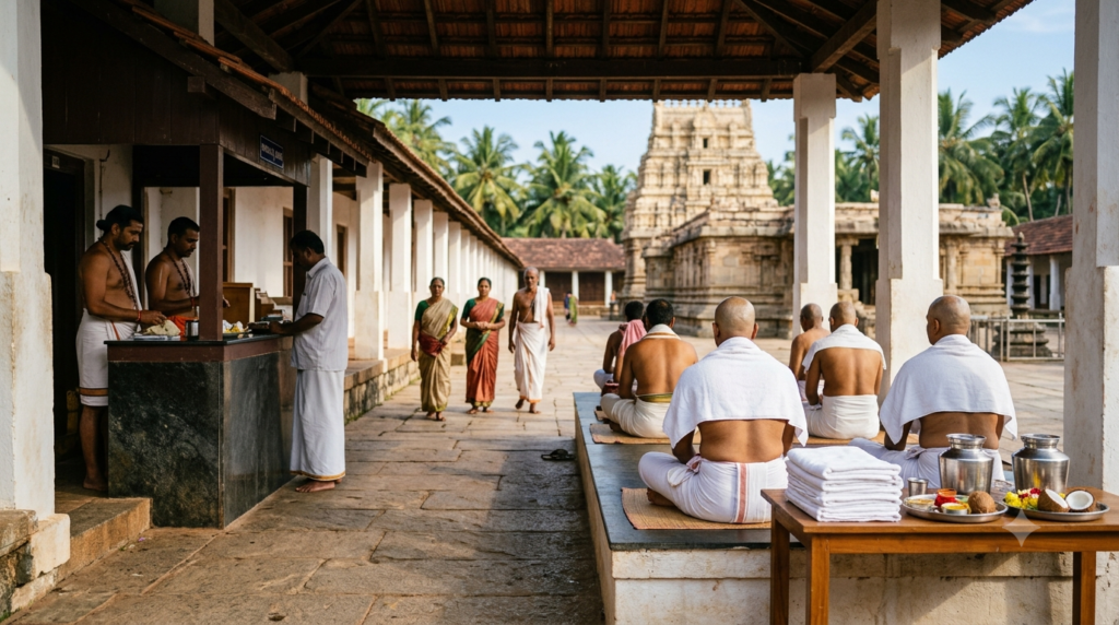 Dharmasthala hair offering pilgrimage scene showing Shri Mudi tradition