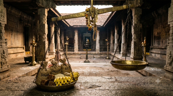 Kukke Subramanya Thulabhara balance with sugar and jaggery offerings at the temple