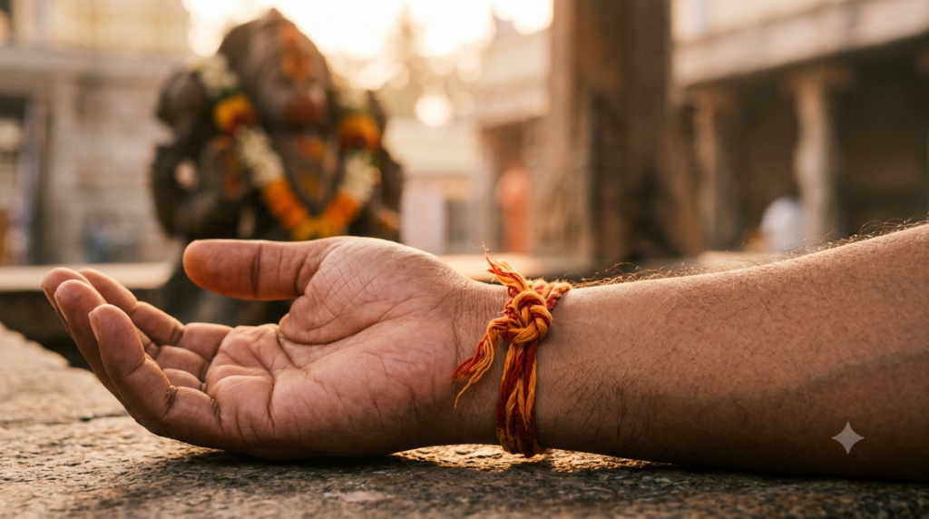 Nanganallur Anjaneyar Temple Raksha thread tied on a devotee's right wrist at a Hanuman shrine