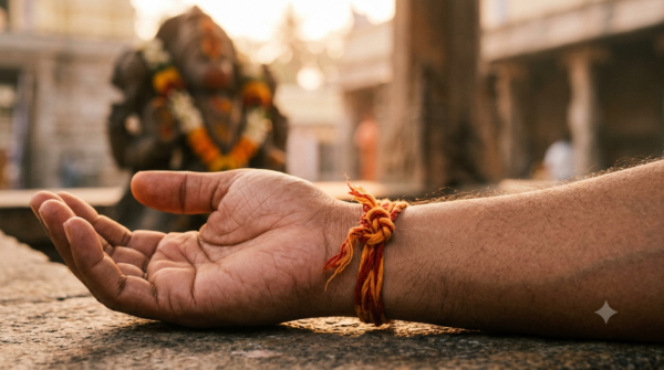 Nanganallur Anjaneyar Temple Raksha thread tied on a devotee's right wrist at a Hanuman shrine