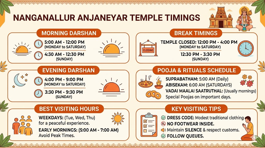 Nanganallur Anjaneyar Temple timings and pooja schedule infographic