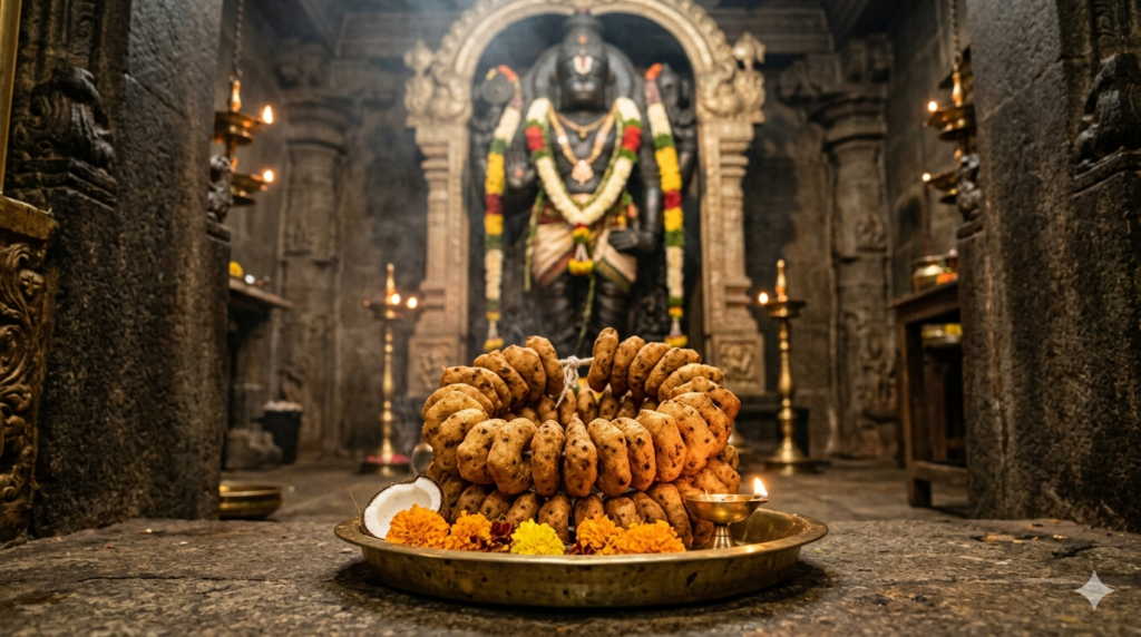 Vadamalai online booking guide — vada garland offered before the Nanganallur Anjaneyar Hanuman idol