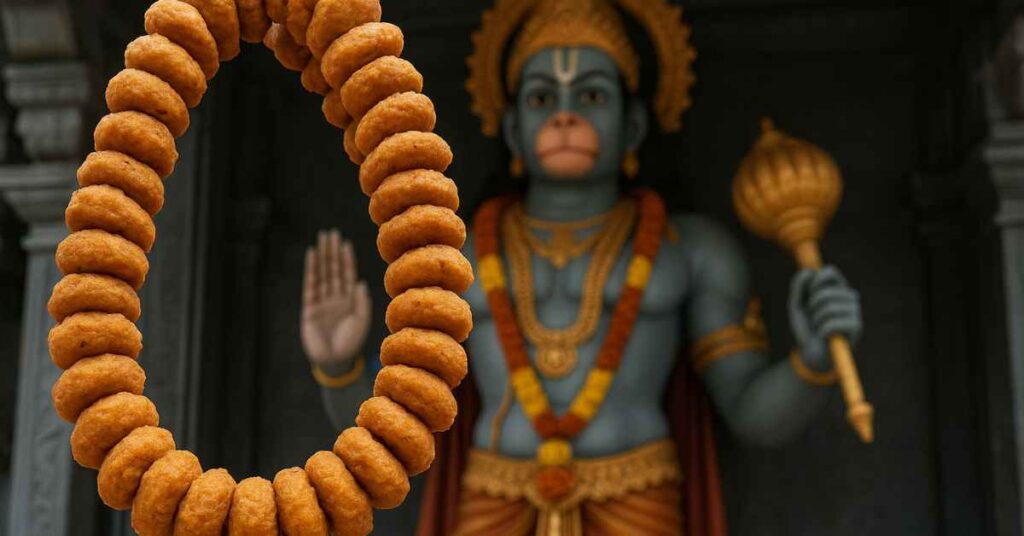 Vadamalai garland hanging in front of a Hanuman idol at Nanganallur Anjaneyar Temple