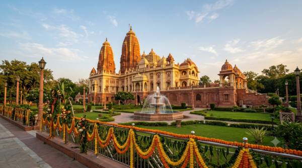 Birla Mandir Delhi wedding venue with temple spires at golden hour