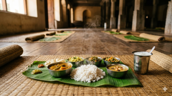 Dharmasthala temple prasadam served free as a South Indian meal on a plantain leaf