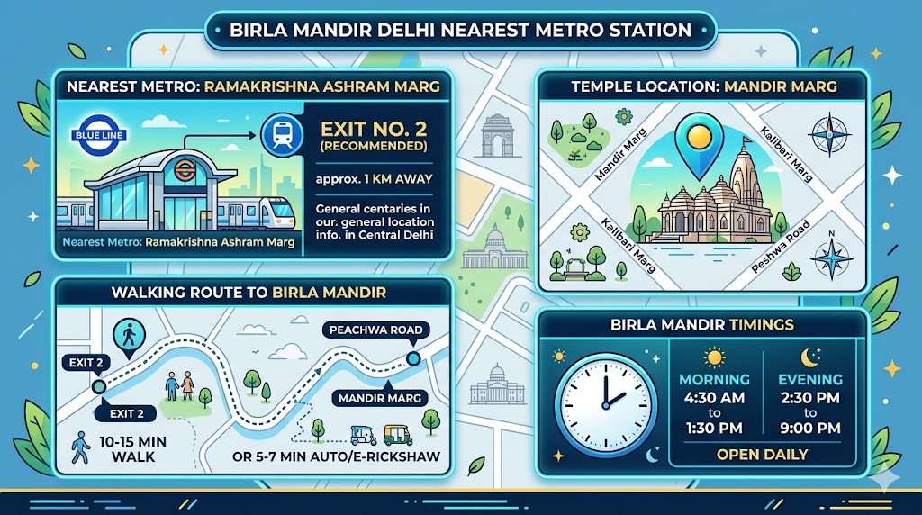 Birla Mandir Delhi nearest metro station route infographic