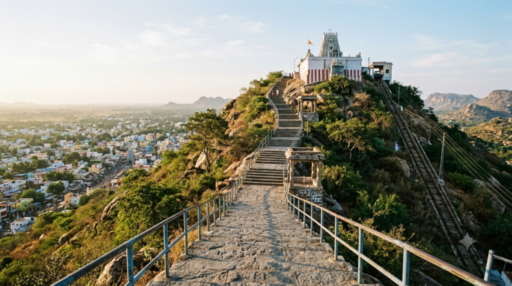 Palani Temple steps count: stone stairway with handrails climbing the hillside to the hilltop Murugan shrine