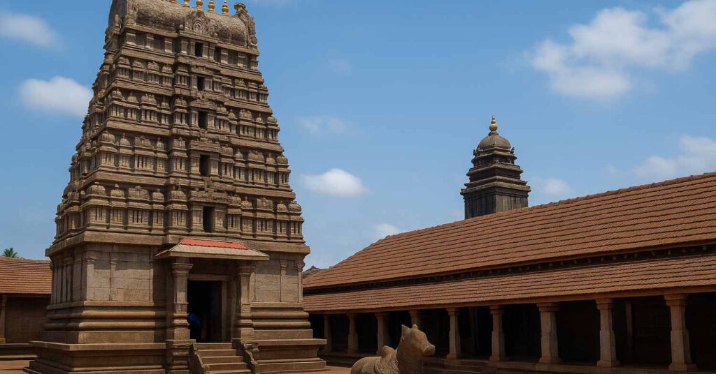 Mahabaleshwar Temple in Gokarna, Karnataka — ancient Dravidian-style Shiva temple with Nandi statue and ornate gopuram.
