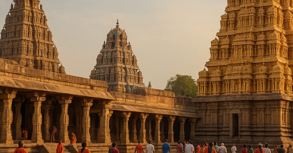 Indian temple pilgrimageAncient Indian temple architecture showing gopuram towers and pilgrims on a sacred journey