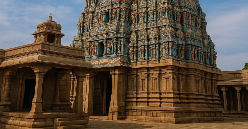 Hindu temples India High-resolution image of a South Indian Hindu temple gopuram showcasing intricate Dravidian architecture and vivid sculptures