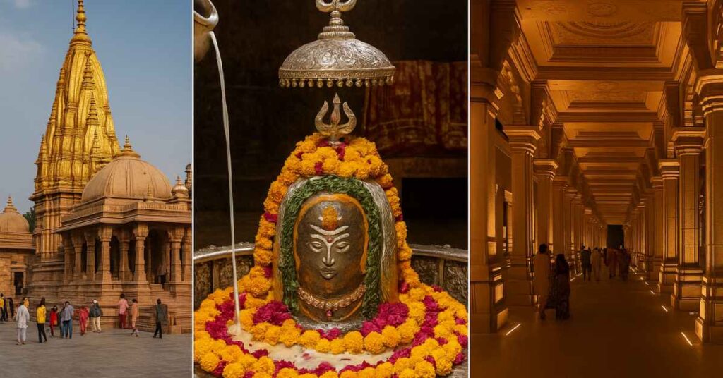 “Golden spire of Kashi Vishwanath Temple in Varanasi, sacred Jyotirlinga of Lord Shiva with devotees in corridor at night.”